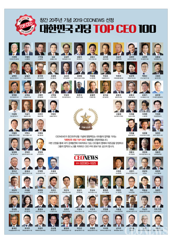 CEONEWS가 창간 20주년을 기념해 '대한민국 리딩 TOP CEO 100'을 선정했다.
